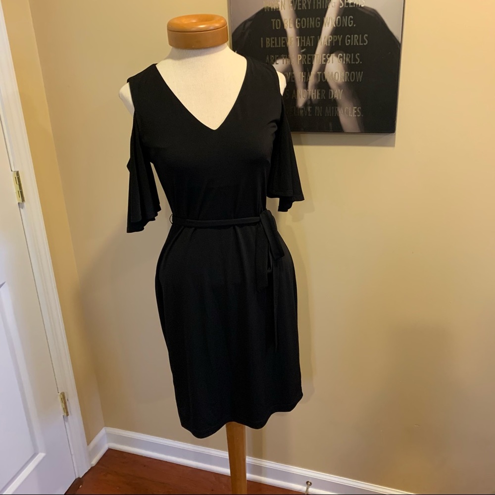 Calvin Klein Black Cold-Shoulder V-Neck Midi Dress
